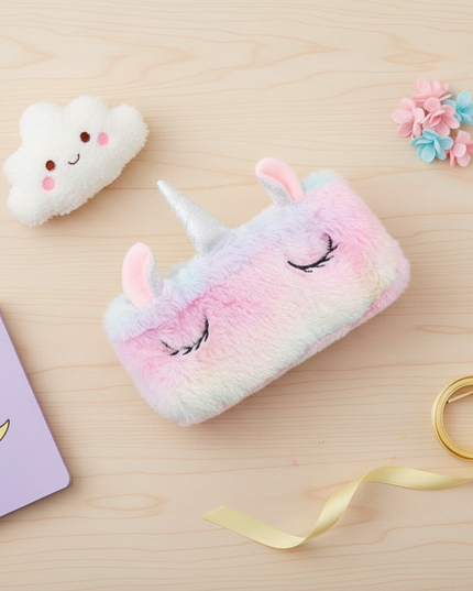 fuzzy unicorn pencil case - flat-lay