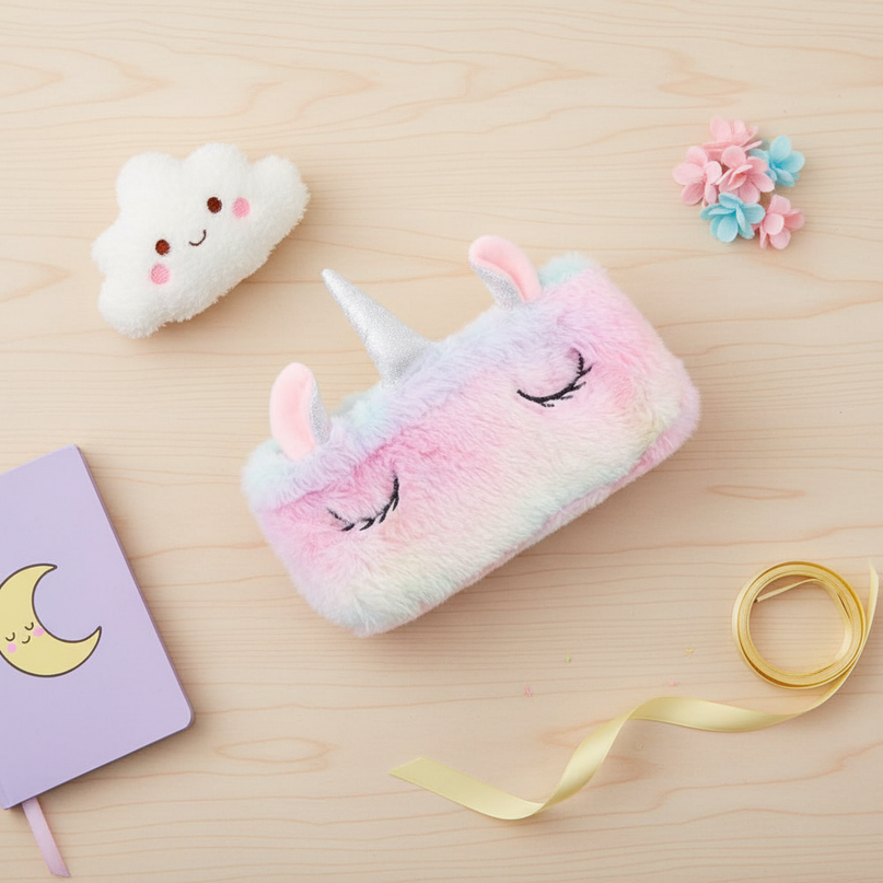 fuzzy unicorn pencil case - flat-lay