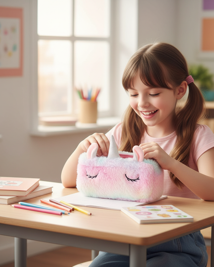 fuzzy unicorn pencil case - in-use