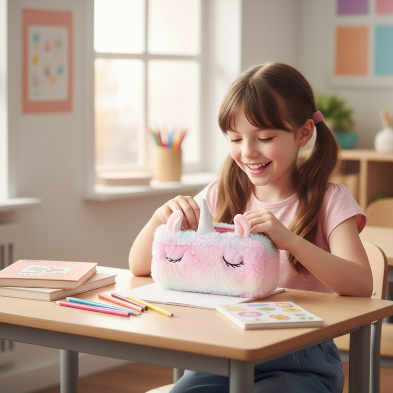 fuzzy unicorn pencil case - in-use
