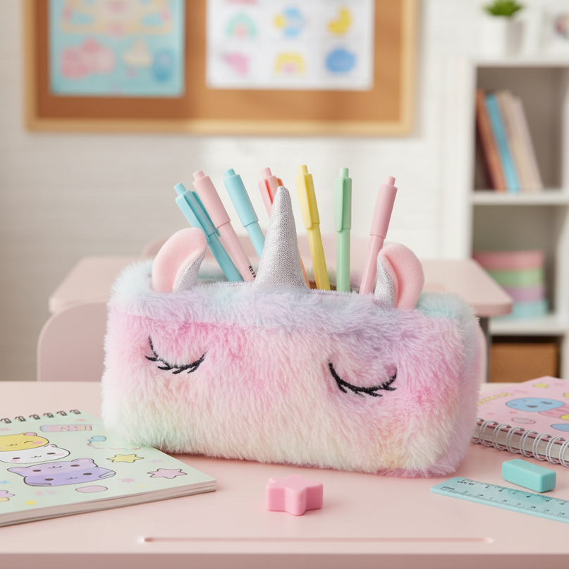 fuzzy unicorn pencil case - lifestyle