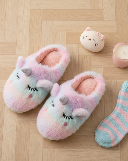 fuzzy unicorn slippers - flat-lay