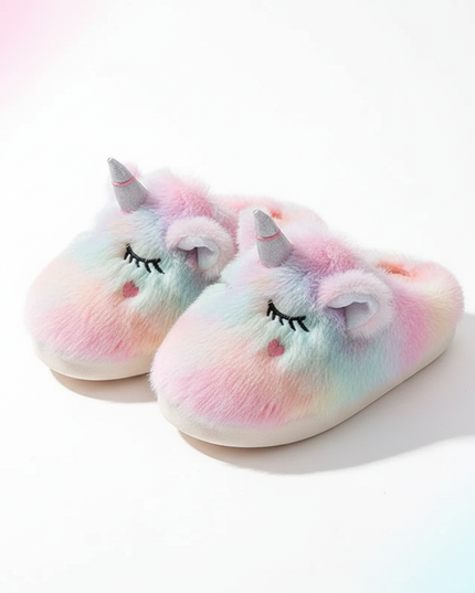 fuzzy unicorn slippers - white-bg