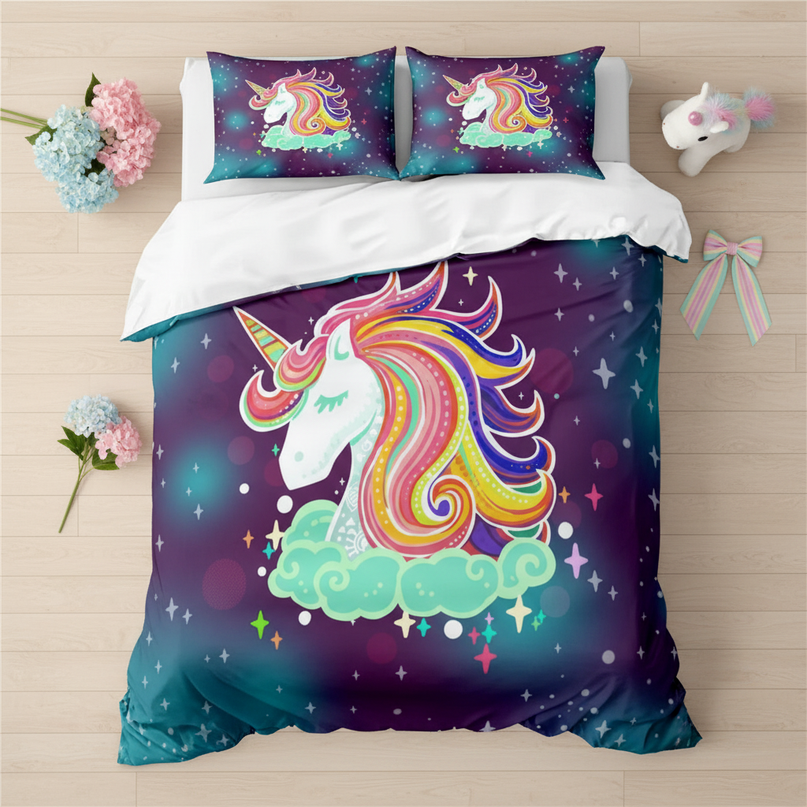 galaxy cloud mane unicorn bedding - flat-lay