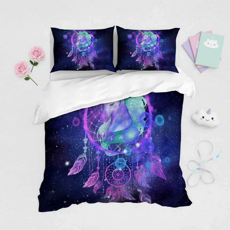 galaxy dreamcatcher unicorn bedding - flat-lay