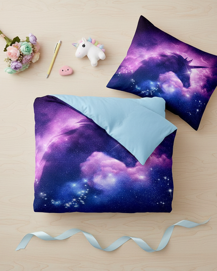 galaxy nebula unicorn bedding - flat-lay