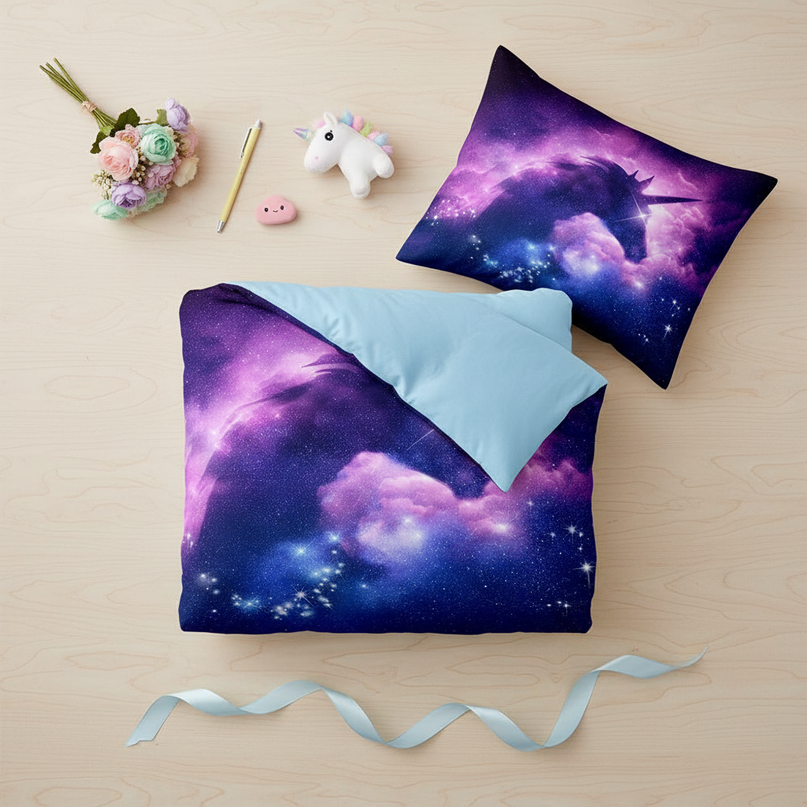 galaxy nebula unicorn bedding - flat-lay
