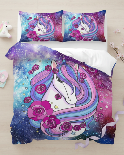 galaxy rose mane unicorn bedding - flat-lay
