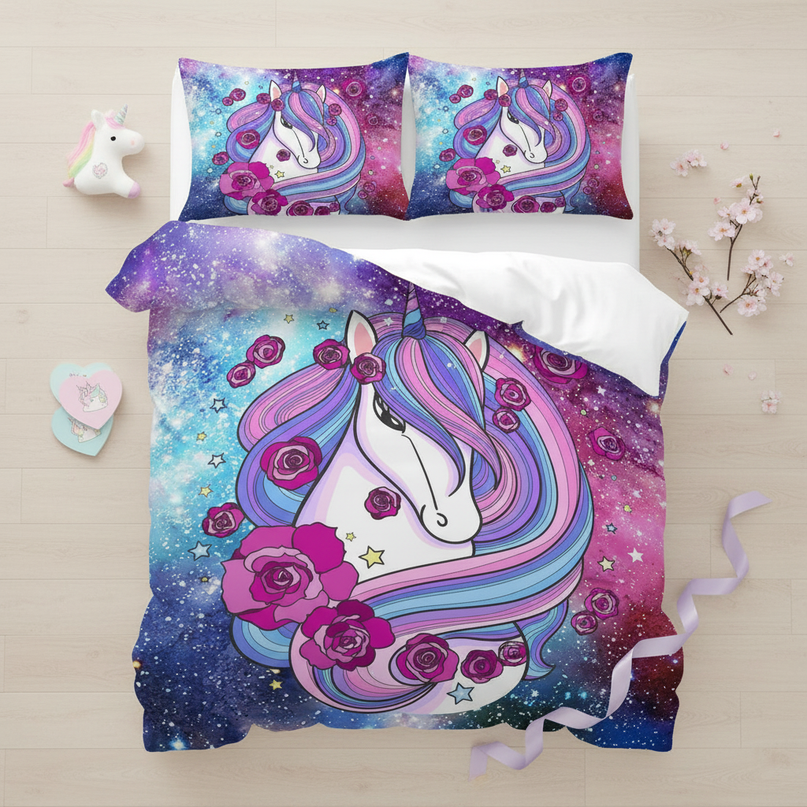 galaxy rose mane unicorn bedding - flat-lay