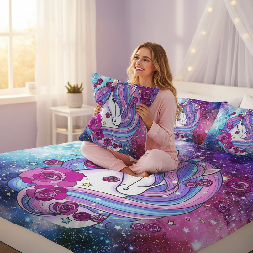 galaxy rose mane unicorn bedding - in-use