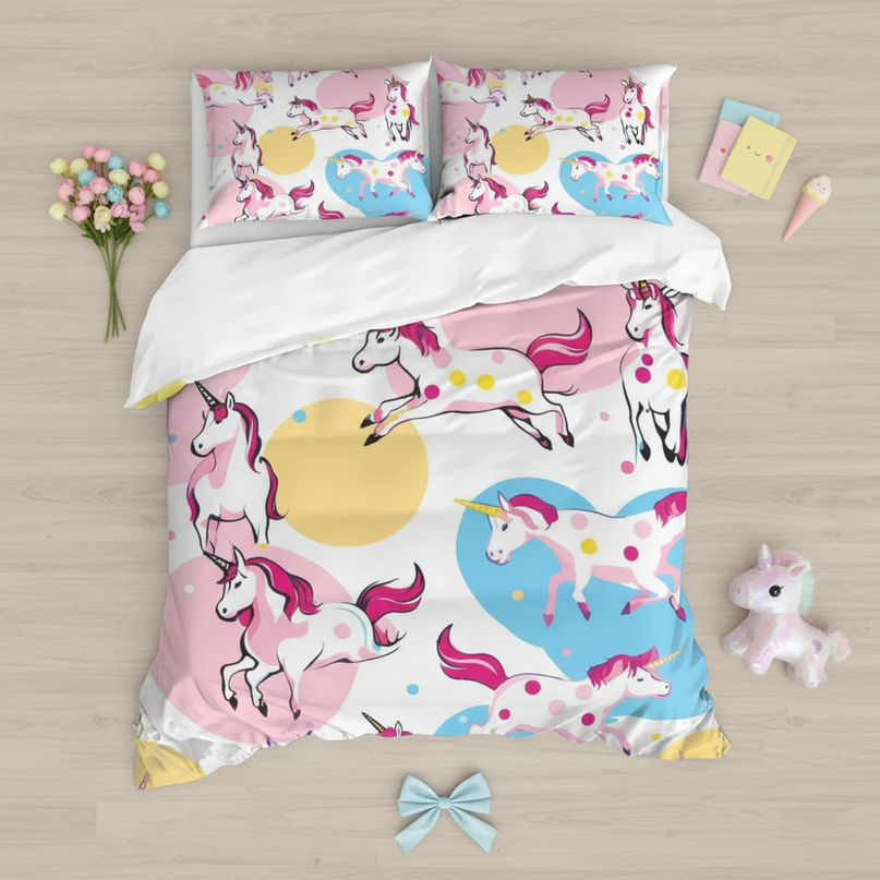 gallop heart circle unicorn bedding - flat-lay