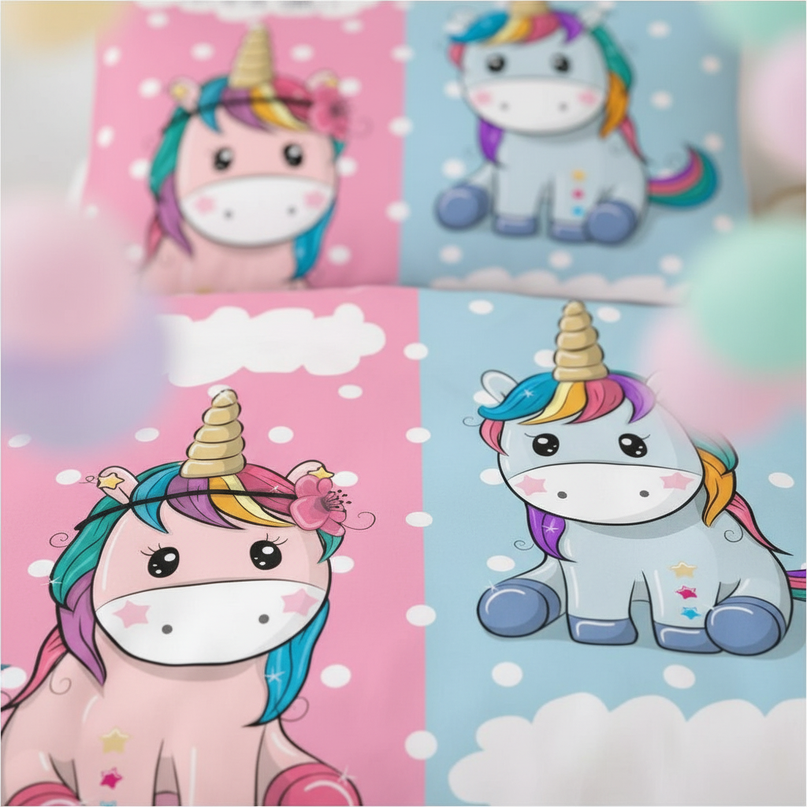 gender reveal twin unicorn bedding - detail