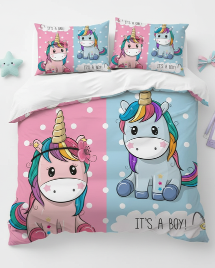 gender reveal twin unicorn bedding - flat-lay