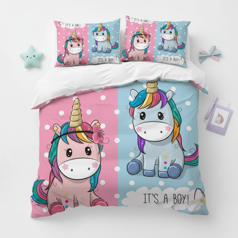 gender reveal twin unicorn bedding - flat-lay