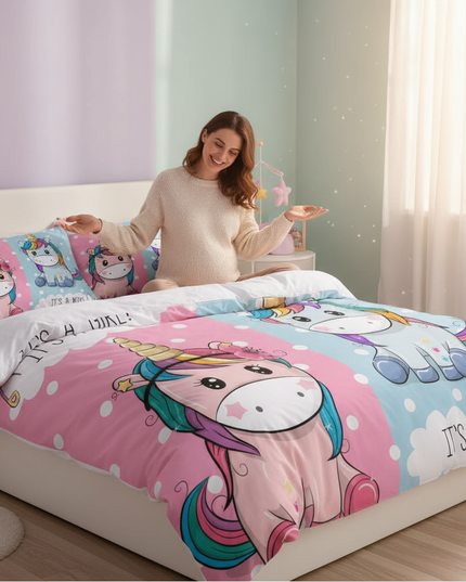 gender reveal twin unicorn bedding - in-use