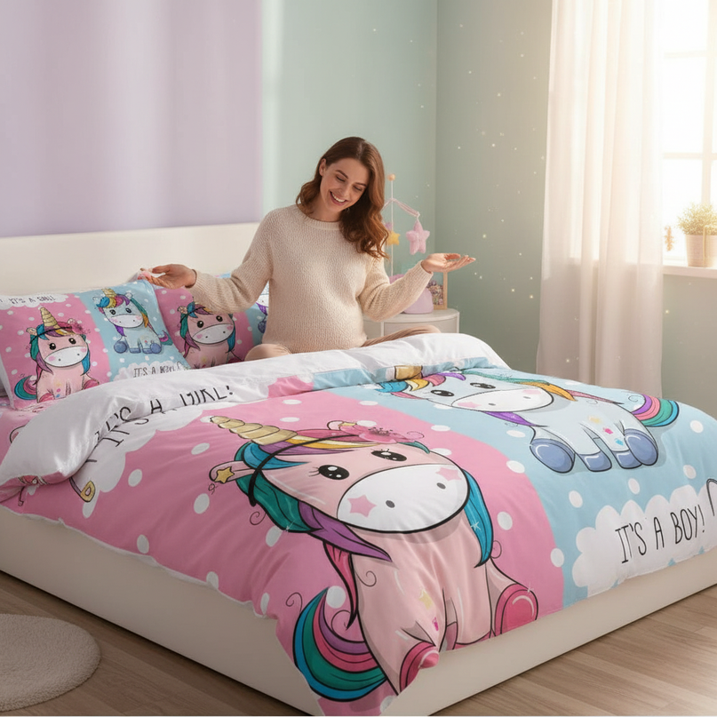gender reveal twin unicorn bedding - in-use