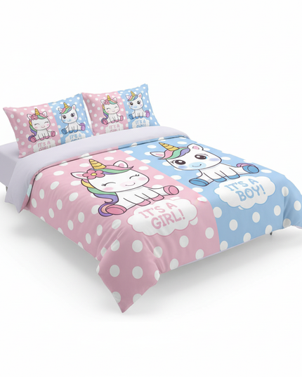 gender reveal twin unicorn bedding - white-bg