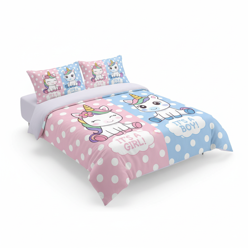 gender reveal twin unicorn bedding - white-bg