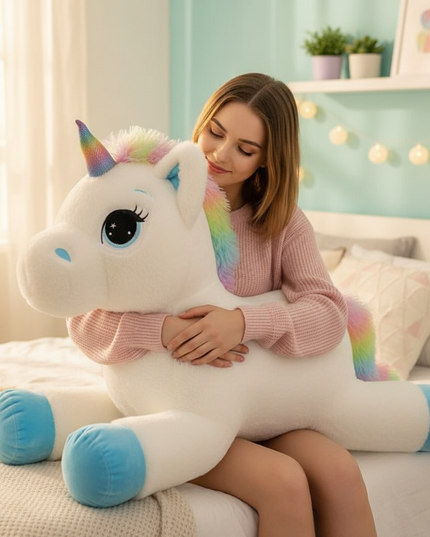 giant rainbow unicorn stuffed animal - in-use