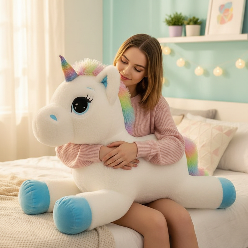 giant rainbow unicorn stuffed animal - in-use