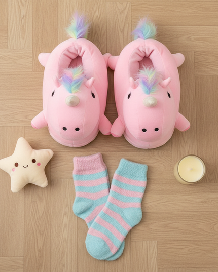 giant unicorn slippers - flat-lay