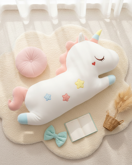 giant white stuffed unicorn - flat-lay