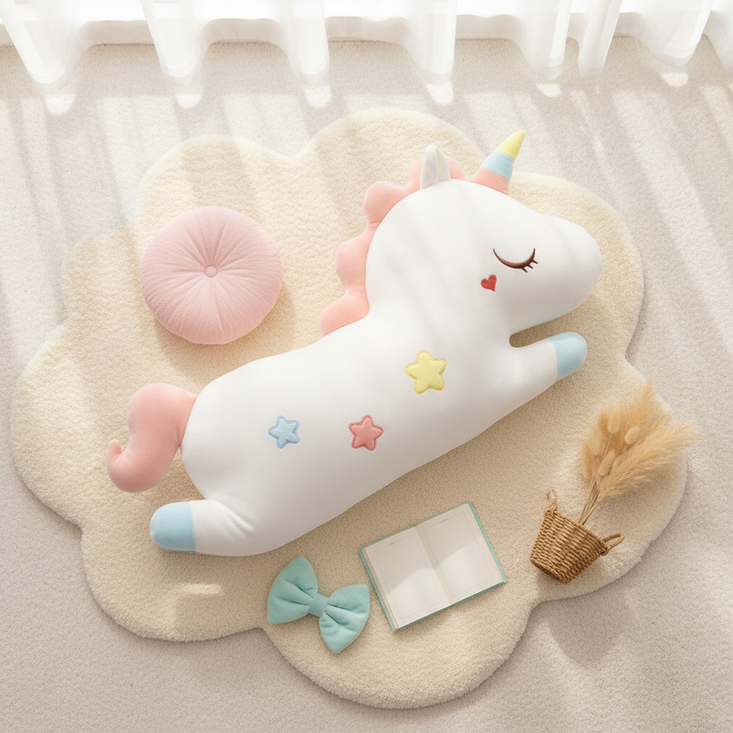 giant white stuffed unicorn - flat-lay