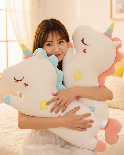 giant white stuffed unicorn - in-use