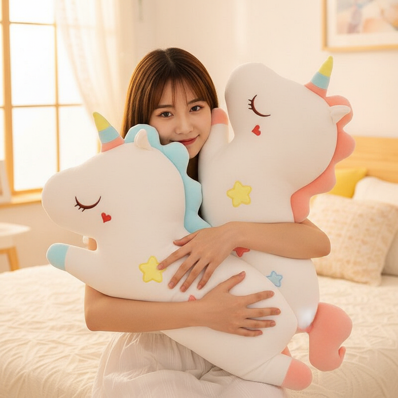 giant white stuffed unicorn - in-use