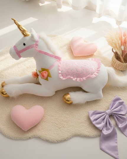 giant white unicorn plush toy - flat-lay