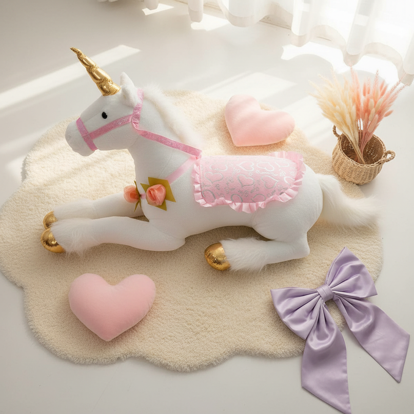 giant white unicorn plush toy - flat-lay