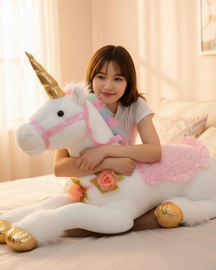 giant white unicorn plush toy - in-use