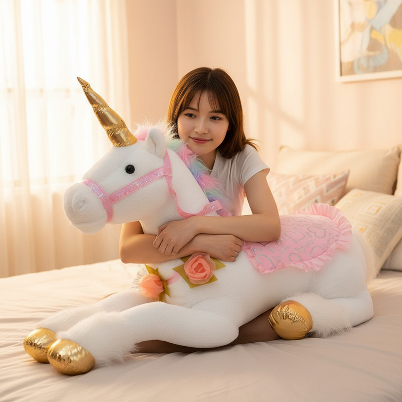 giant white unicorn plush toy - in-use