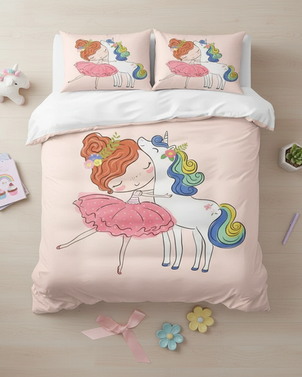 girl hugging unicorn bedding - flat-lay