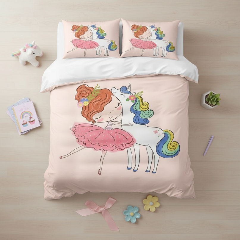 girl hugging unicorn bedding - flat-lay