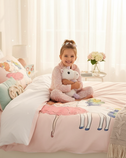 girl hugging unicorn bedding - in-use