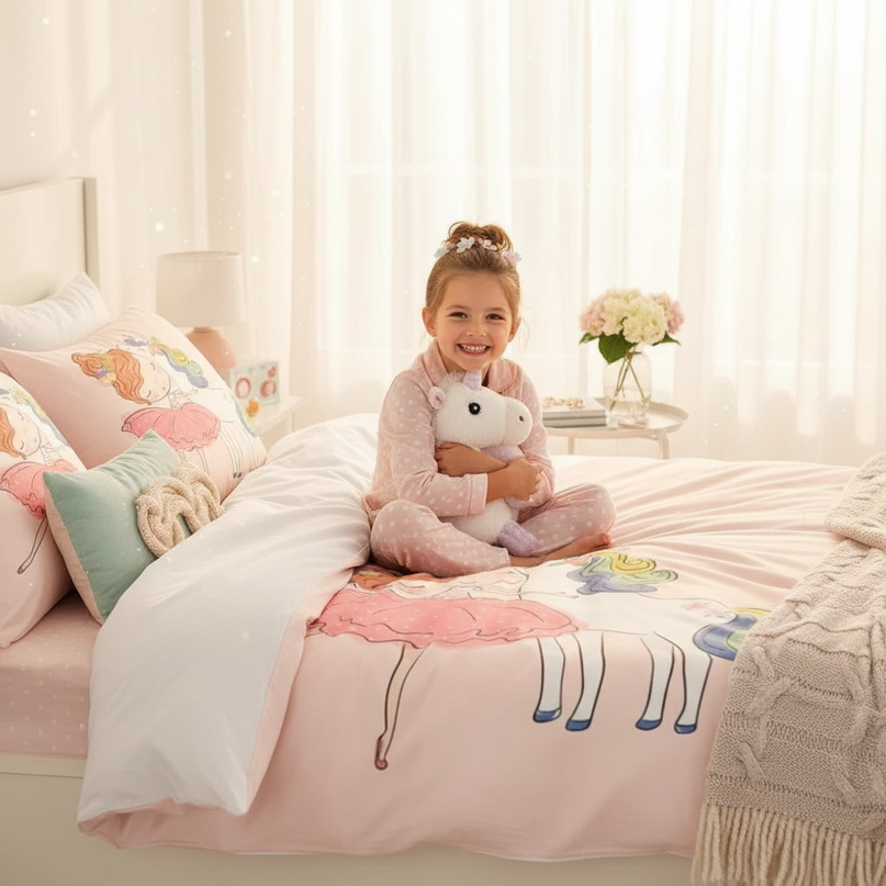 girl hugging unicorn bedding - in-use