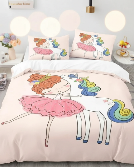 girl hugging unicorn bedding - lifestyle