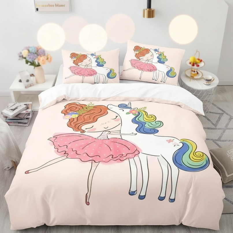 girl hugging unicorn bedding - lifestyle