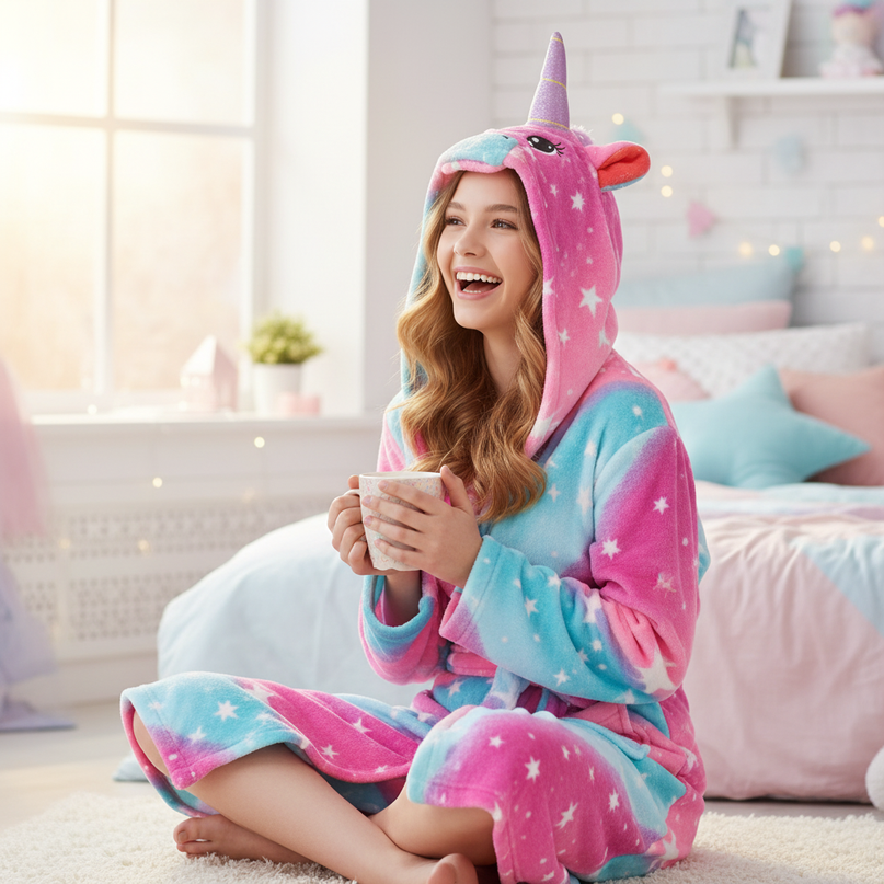 girls hooded unicorn robe - in-use