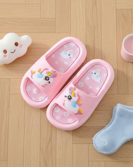 girls pink unicorn slippers - flat-lay