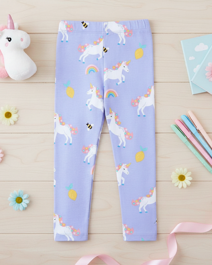 girls purple unicorn leggings - flat-lay