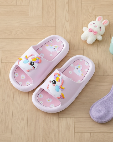 girls purple unicorn slippers - flat-lay