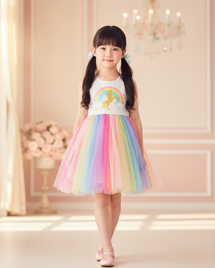 girls rainbow unicorn mesh tutu dress - detail