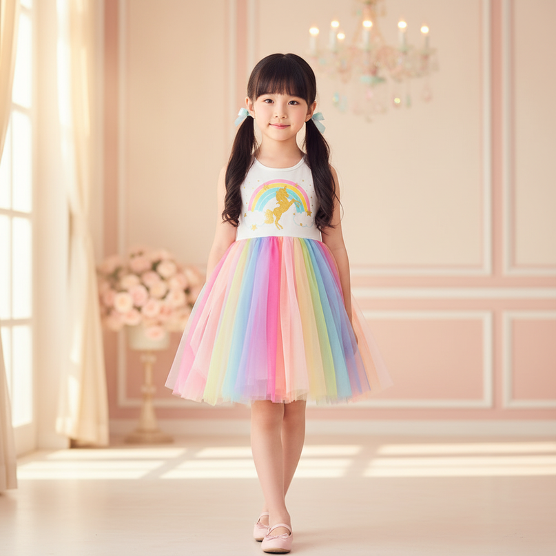 girls rainbow unicorn mesh tutu dress - detail