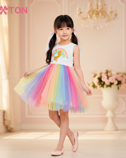 girls rainbow unicorn mesh tutu dress - front