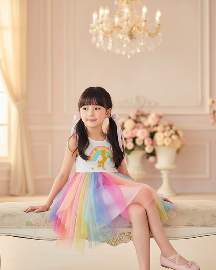 girls rainbow unicorn mesh tutu dress - sitting