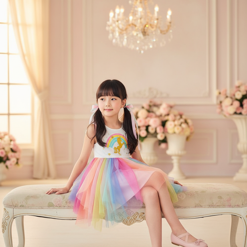 girls rainbow unicorn mesh tutu dress - sitting