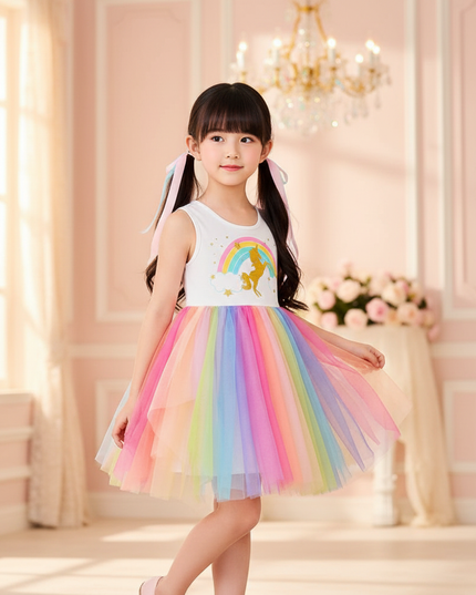 girls rainbow unicorn mesh tutu dress - three-quarter