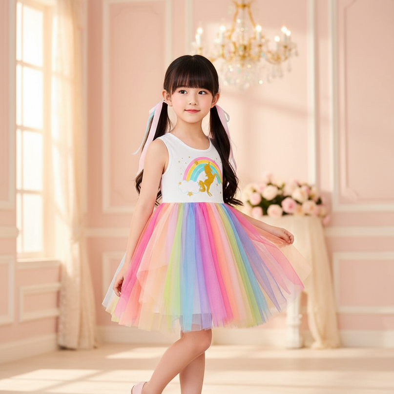 girls rainbow unicorn mesh tutu dress - three-quarter